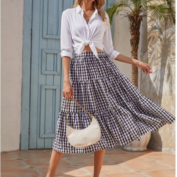 Gingham Ruffle Hem Flared Skirt - Picture 2 of 6